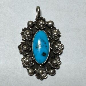 Vintage Sterling Silver HT Navajo Floral Pendant with Natural Turquoise